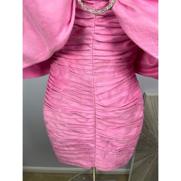 RASARIO Bow Embellished Draped Off the Shoulder Pink Linen Mini Dress Size 2 - Picture 6 of 13